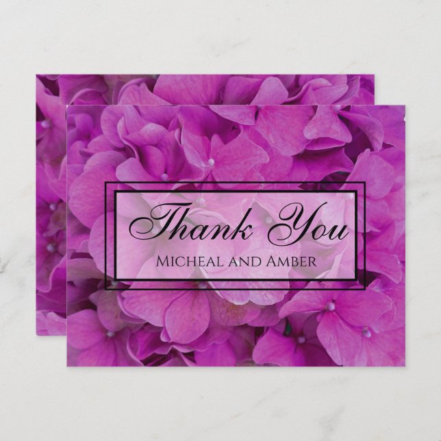 Elegant pink magenta floral hydrangeas roses  thank you card (Front/Back)