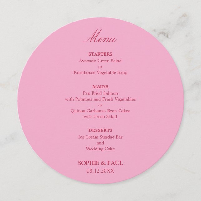 Elegant Pink Magenta Round Wedding Menu (Front)