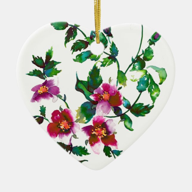 Elegant pink magenta watercolor florals roses ceramic tree decoration (Front)