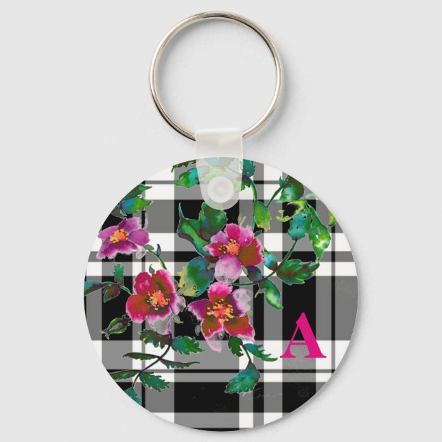 Elegant pink magenta watercolor florals roses key ring (Front)