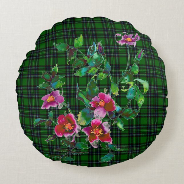 elegant pink magenta watercolor roses green plaid round cushion (Front)