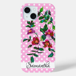 Elegant pink magenta watercolor wild rose polkadot iPhone 15 case