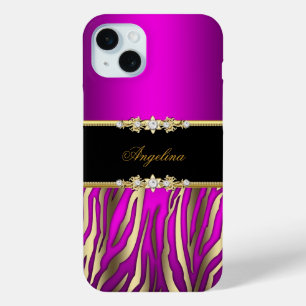 Elegant Pink Magenta Zebra Black Gold iPhone 15 Mini Case