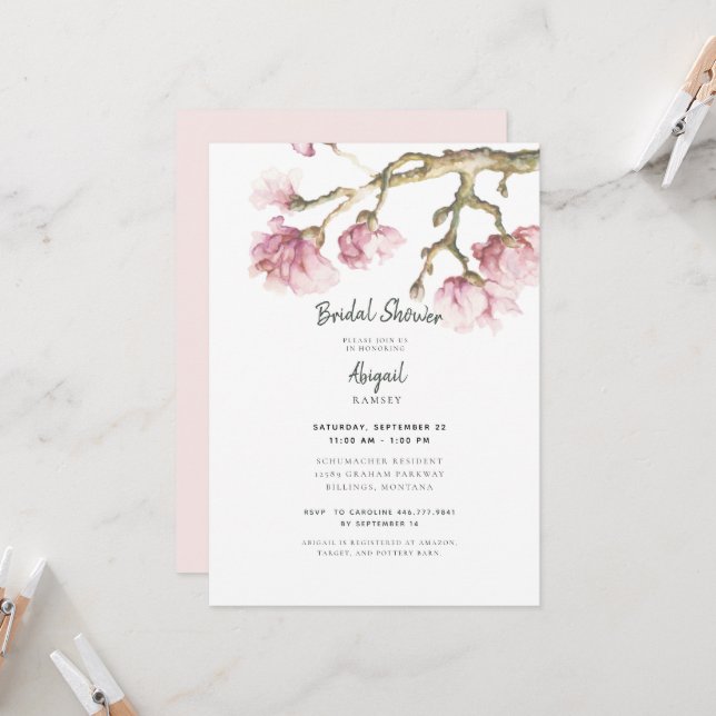 Elegant Pink Magnolia Blossoms Bridal Shower Matte Invitation (Front/Back In Situ)