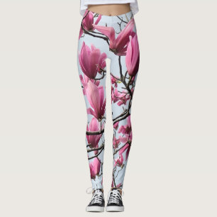 Elegant Pink Magnolia Blossoms Peaceful Hanami Leggings