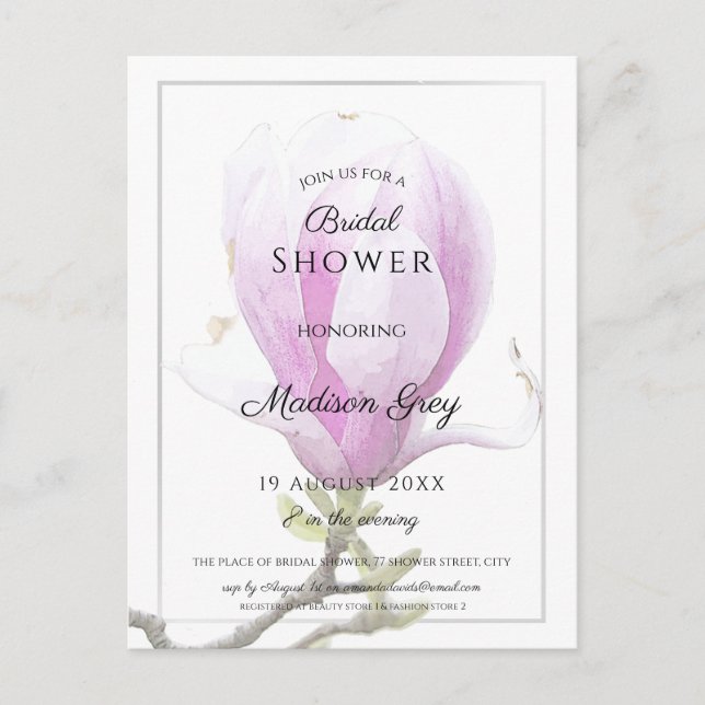 Elegant Pink Magnolia Bridal Shower Invitation Postcard (Front)