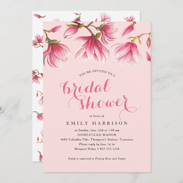 Elegant Pink Magnolia Flowers Bridal Shower Invitation (Front/Back)
