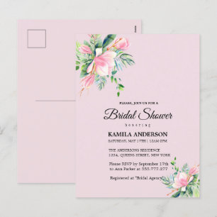 Elegant Pink Magnolia Watercolor Bridal Shower Holiday Postcard