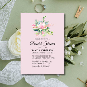 Elegant Pink Magnolia Watercolor Bridal Shower Invitation