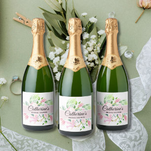 Elegant Pink Magnolia Watercolor Bridal Shower Sparkling Wine Label