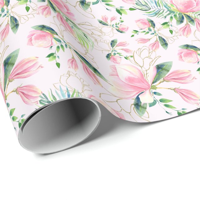 Elegant Pink Magnolia Watercolor Gift Wrapping Paper (Roll Corner)