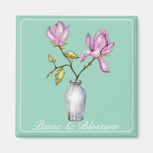 Elegant Pink Magnolia Watercolor in Glass Vase Magnet