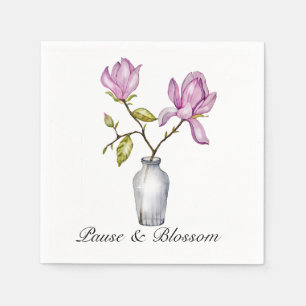 Elegant Pink Magnolia Watercolor in Glass Vase Napkin
