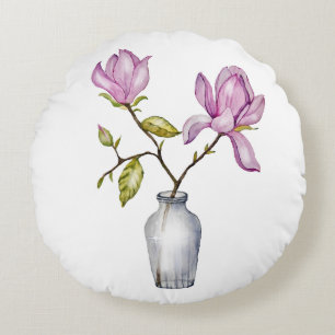 Elegant Pink Magnolia Watercolor in Glass Vase Round Cushion