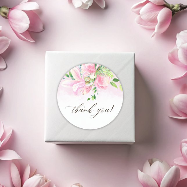 Elegant Pink Magnolia Watercolor Thank You Classic Round Sticker (Elegant Pink Magnolia Watercolor Thank You Classic Round Sticker)