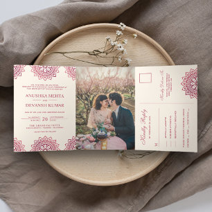 Elegant Pink Mandala Traditional Indian Wedding Tri-Fold Invitation
