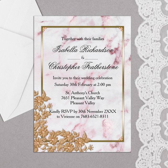 Elegant Pink Marble and Gold Pearls Wedding Postcard (Creator Uploaded)