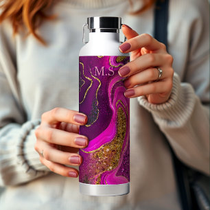 Elegant pink marble art faux gold glitter water bottle
