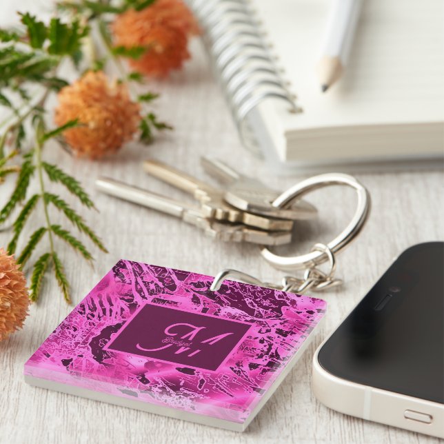 Elegant Pink Marble bold Monogram Typography Key Ring (Front Right)