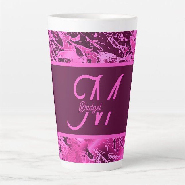 Elegant Pink Marble bold Monogram Typography Latte Mug (Front)