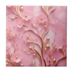 Elegant Pink Marble Gold Accents Ceramic Tile