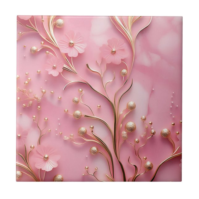 Elegant Pink Marble Gold Accents Ceramic Tile (Front)