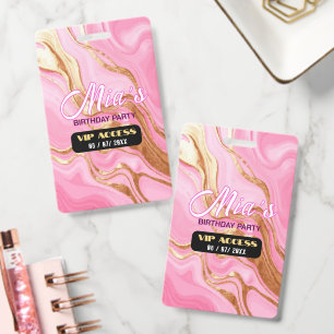 Elegant Pink Marble Gold Birthday Party VIP Access ID Badge