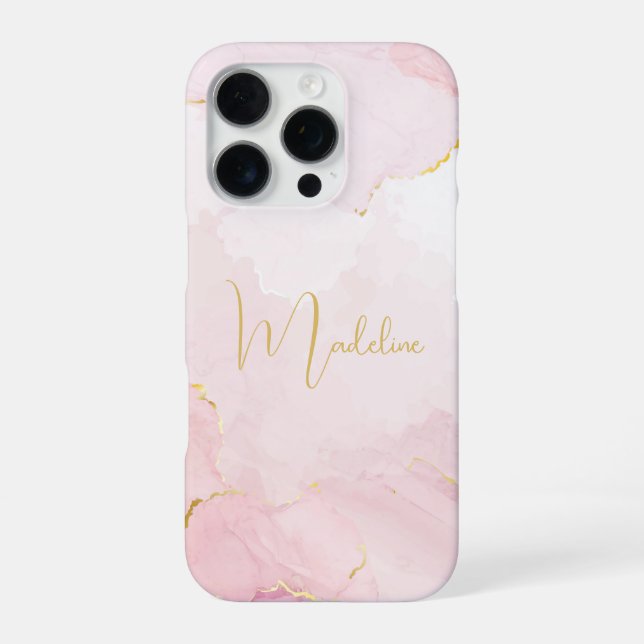 Elegant Pink Marble Gold Script Name iPhone Case (Back)