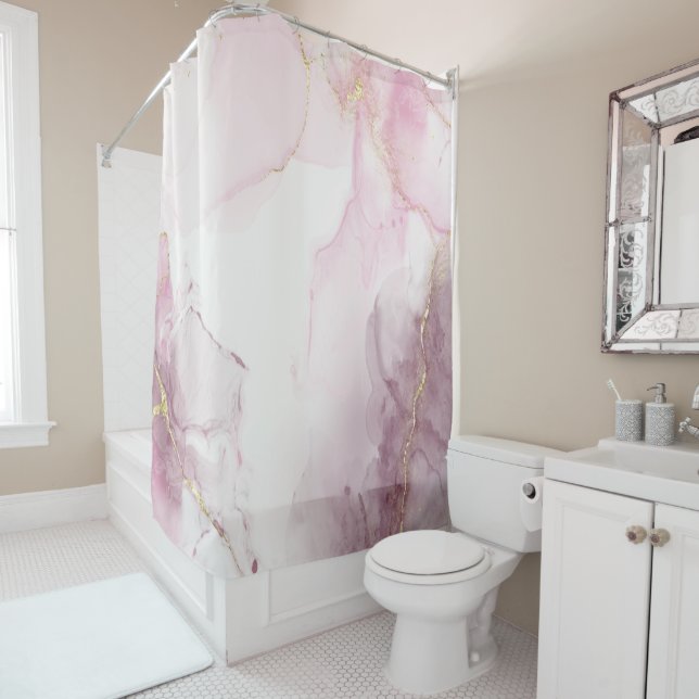 Elegant Pink Marble Gold Vein Pattern  Shower Curtain (In Situ)