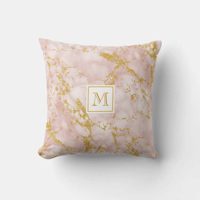 Elegant Pink Marble Monogram Faux Gold Glitter Cushion (Front)
