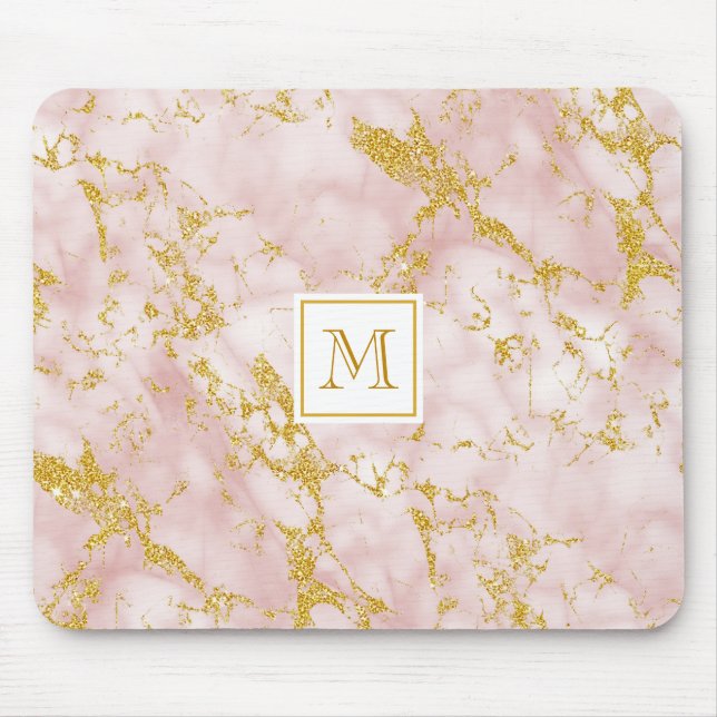 Elegant Pink Marble Monogram Faux Gold Glitter Mouse Pad (Front)