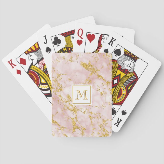 Elegant Pink Marble Monogram Faux Gold Glitter Playing Cards (Back)