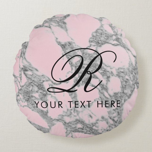 Elegant pink marble monogram round throw pillow (Front)