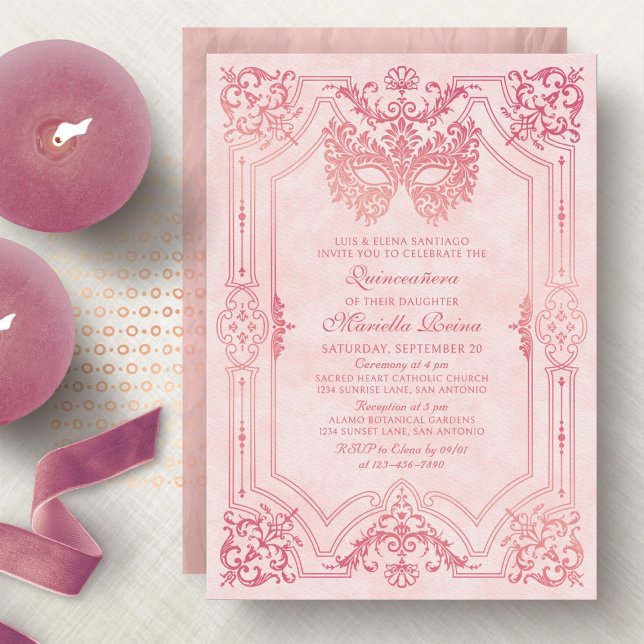Elegant Pink Masquerade Mask Quinceanera Invitation (Creator Uploaded)