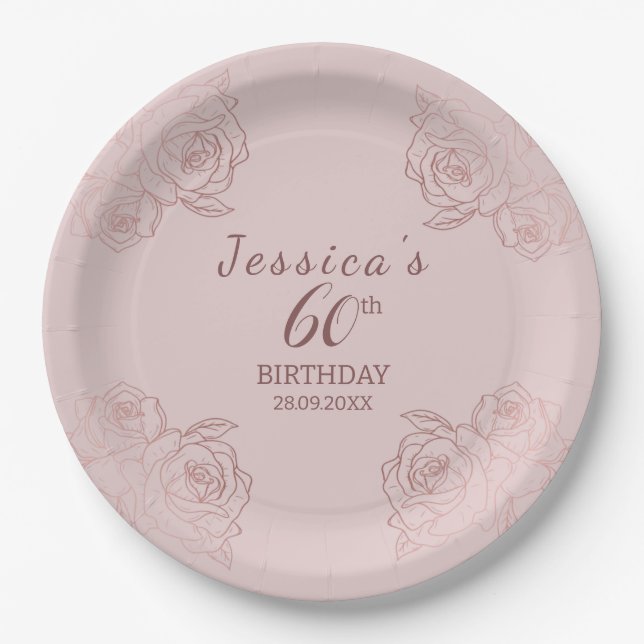 Elegant Pink Mauve Floral Birthday Party Paper Pla Paper Plate (Front)