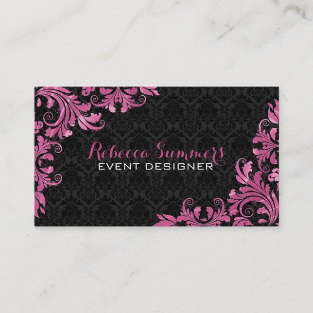 Elegant Pink Metall Lace Black Damasks Business Card (Front)