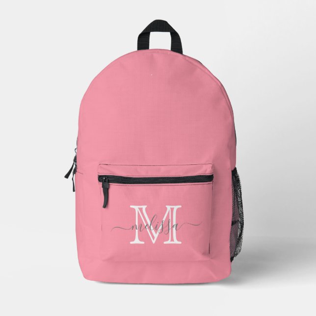 Elegant Pink Minimal Name and Monogram Printed Backpack (Front)