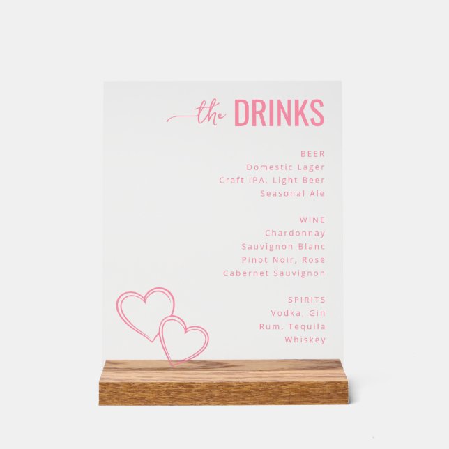 Elegant Pink Minimalist Beverage Menu Acrylic Sign (Front)