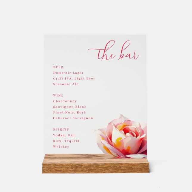 Elegant Pink Minimalist Rose Menu Acrylic Sign (Front)
