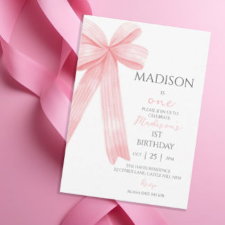 Elegant Pink Minimalistic Bow First BIrthday Girl Invitation