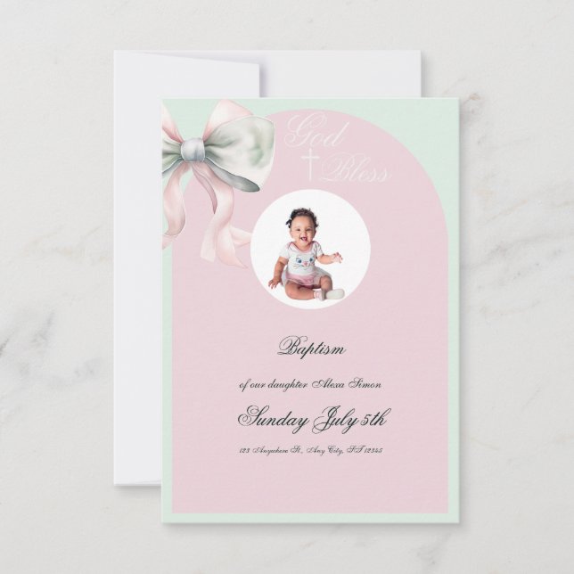 Elegant Pink Mint Bow Baptism for Baby Girl RSVP Card (Front)