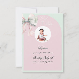 Elegant Pink Mint Bow Baptism for Baby Girl RSVP Card