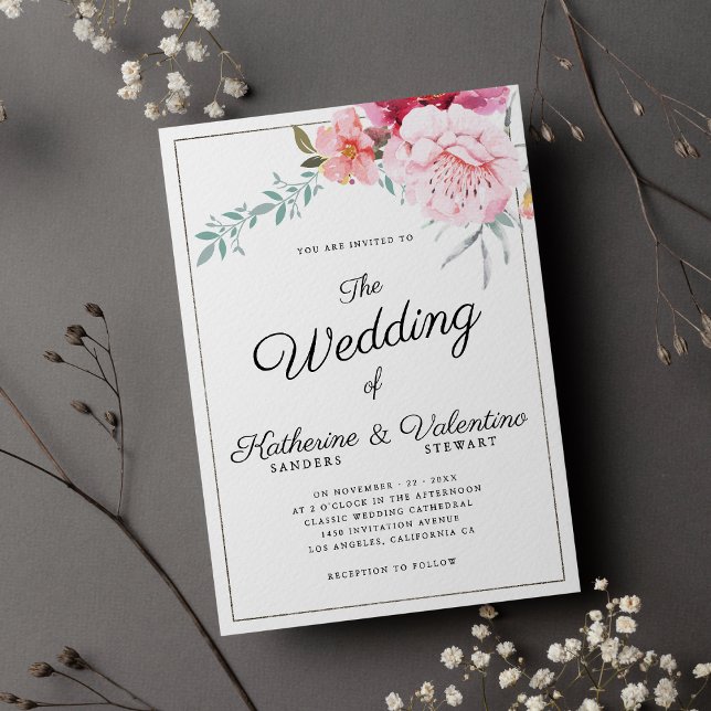 Elegant pink mint formal script floral wedding invitation (Elegant pink mint formal script floral wedding)