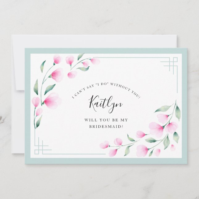 Elegant Pink Mint Watercolor Floral Bridesmaid Invitation (Front)
