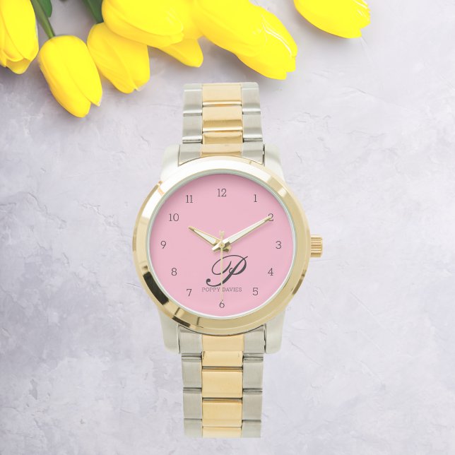 Elegant Pink Modern Initial Monogram Watch (Creator Uploaded)