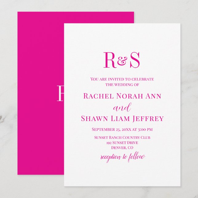Elegant Pink Modern Monogram Wedding Invitation (Front/Back)