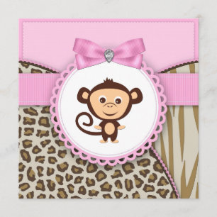 Elegant Pink Monkey Baby Girl Shower Invitation