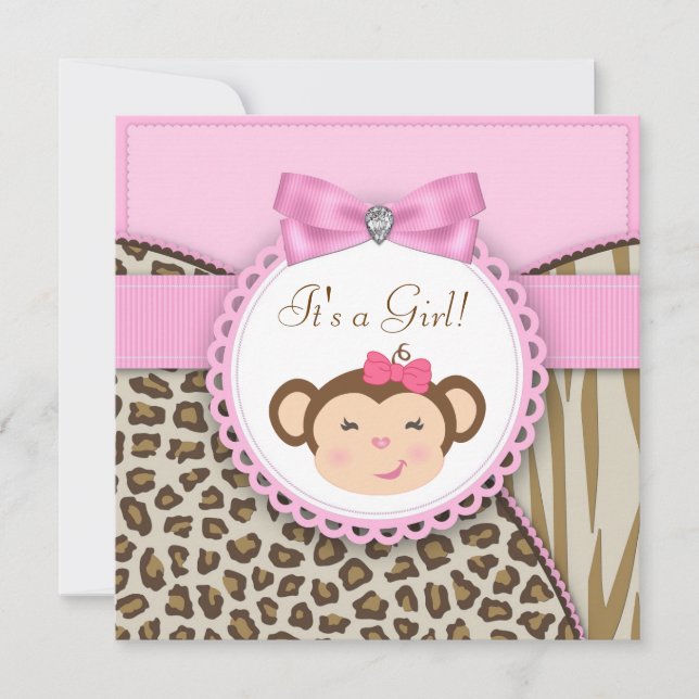 Elegant Pink Monkey Baby Girl Shower Invitation (Front)