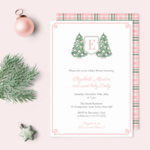 Elegant Pink Monogram Christmas Baby Girl Shower Invitation