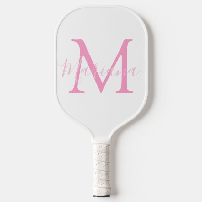 Elegant Pink Monogram & Custom Name Minimalist Pickleball Paddle (Front)